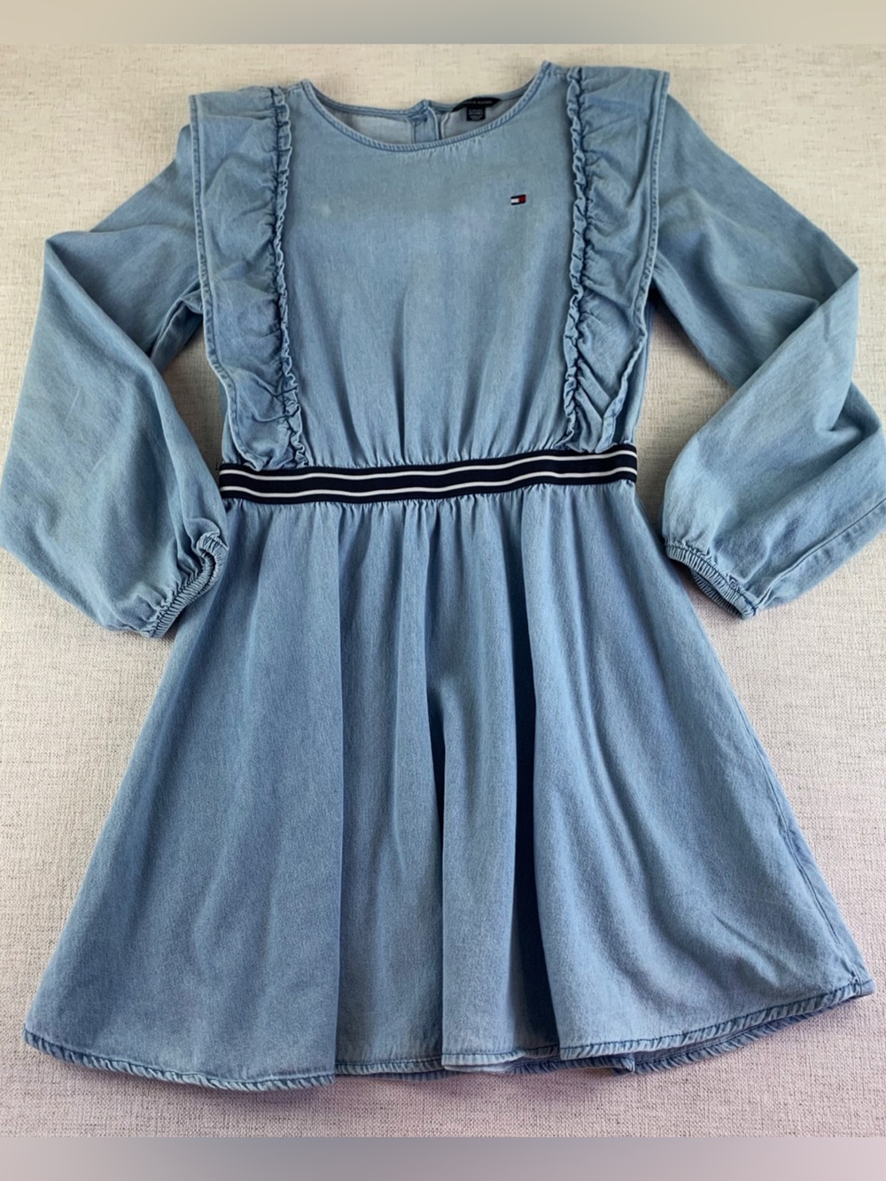 Tommy Hilfiger girl Light Blue Long-Sleeve chambray Dress with Striped Waistband